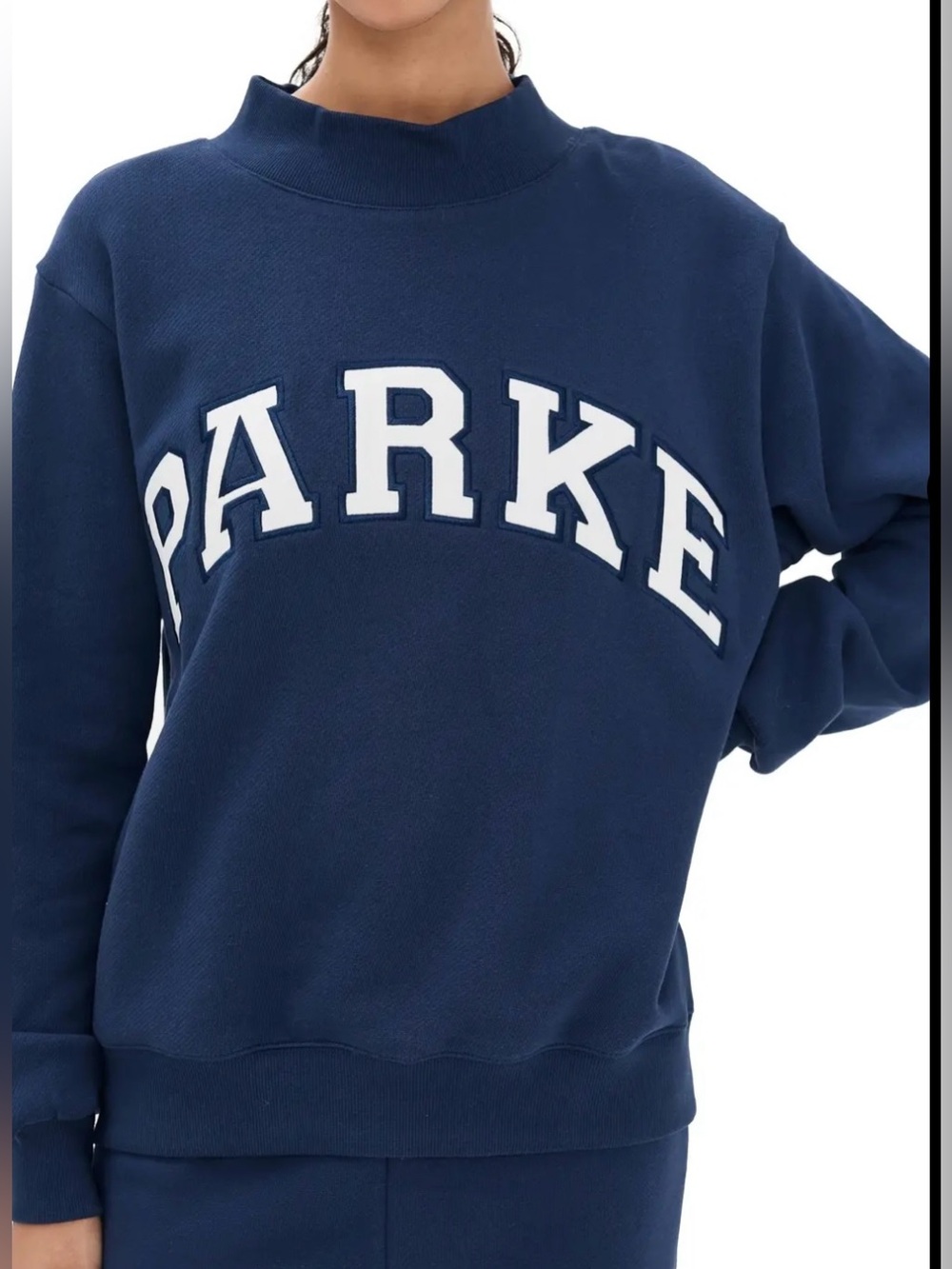 Parke Navy and White Varsity Mock Neck Cotton Sweatshirt - Size L/XL